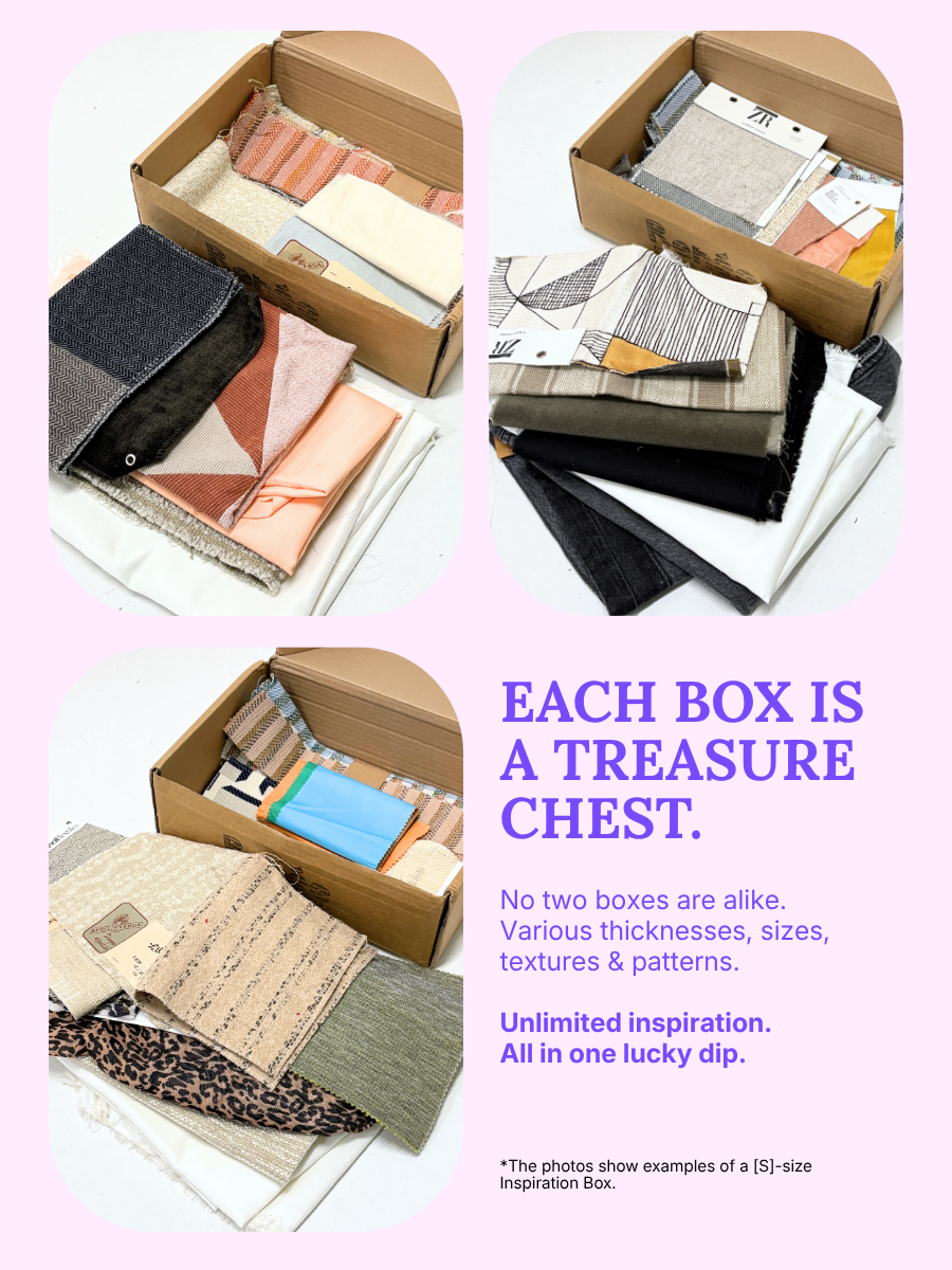 Collage of fabric boxes with text on a light pink background