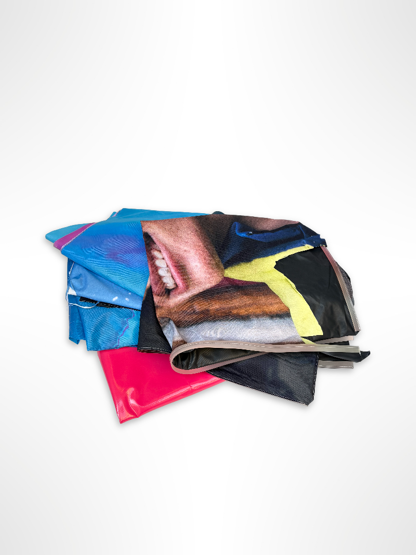 Folded fabric banners in various colours 