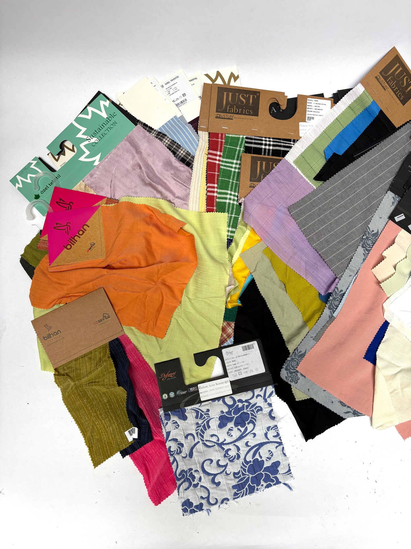 Collection of patterned fabric samples in various colours