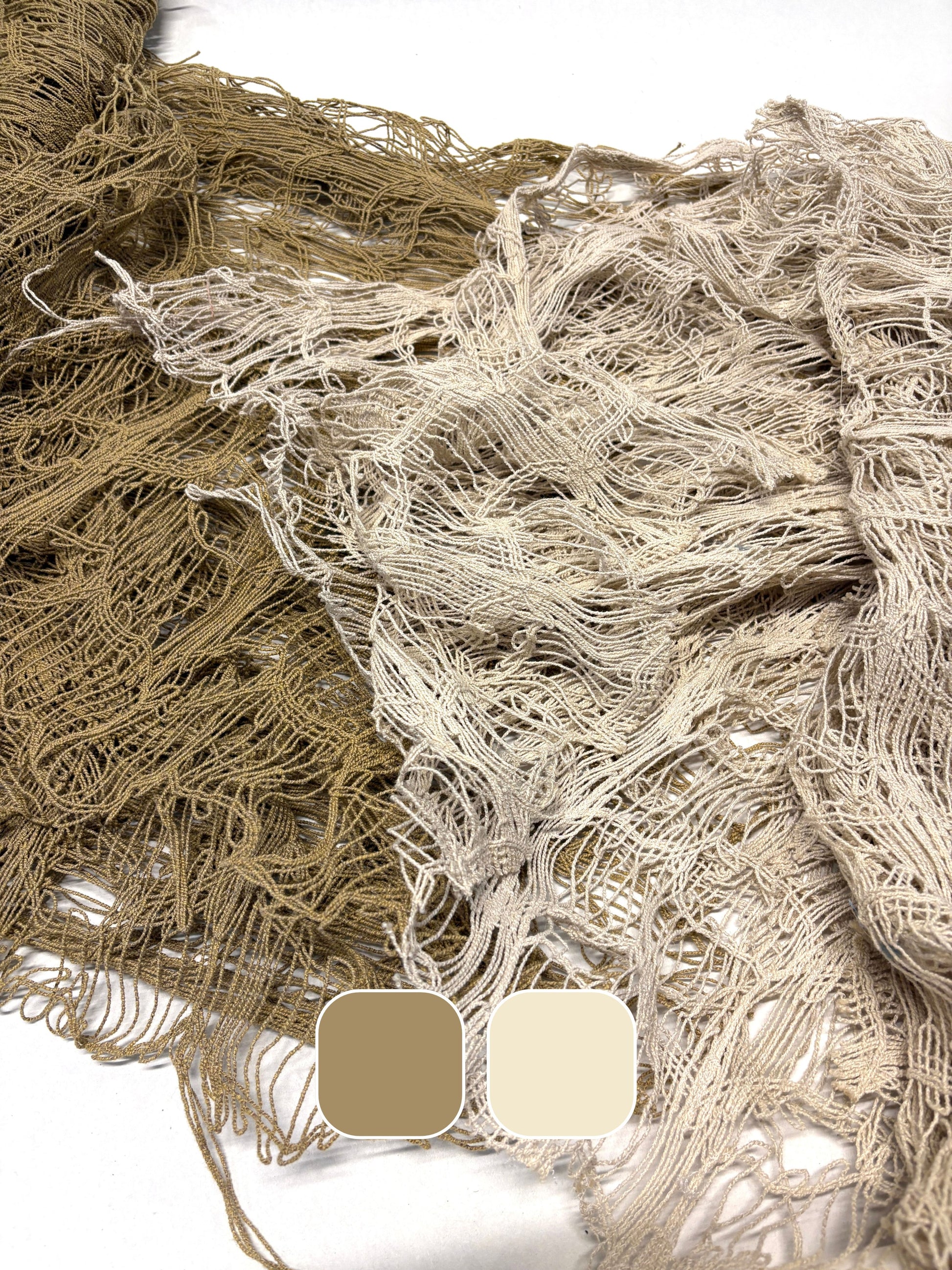 Close-up of jute sheer fabric in beige and brown with colour swatches below 