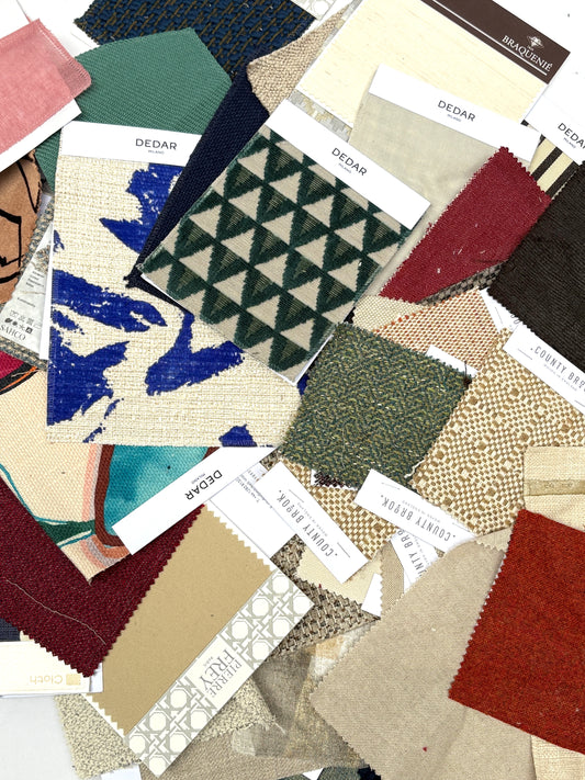 Collection of fabric swatches with various patterns and colours