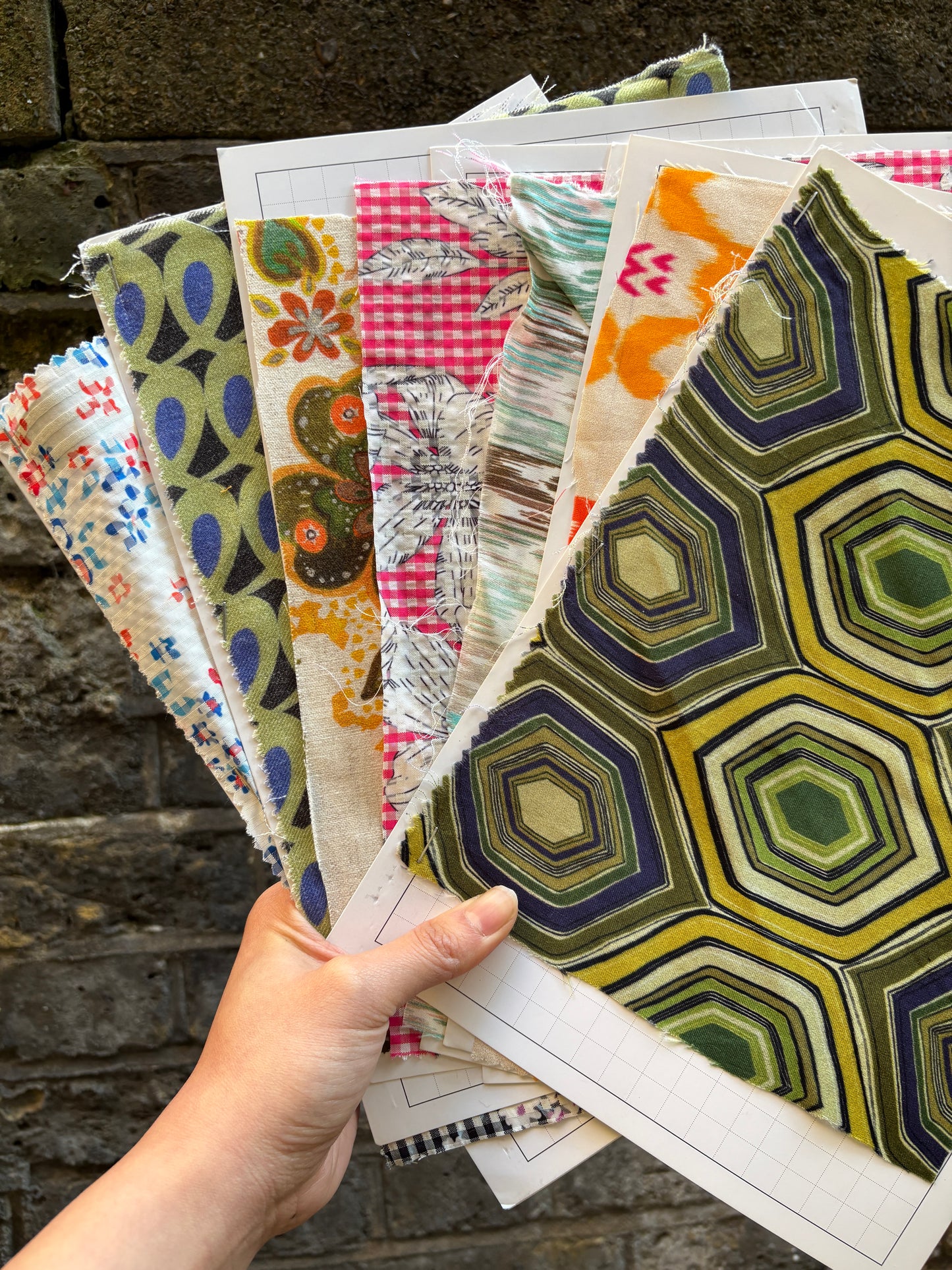 Fabric swatches with various patterns and colours