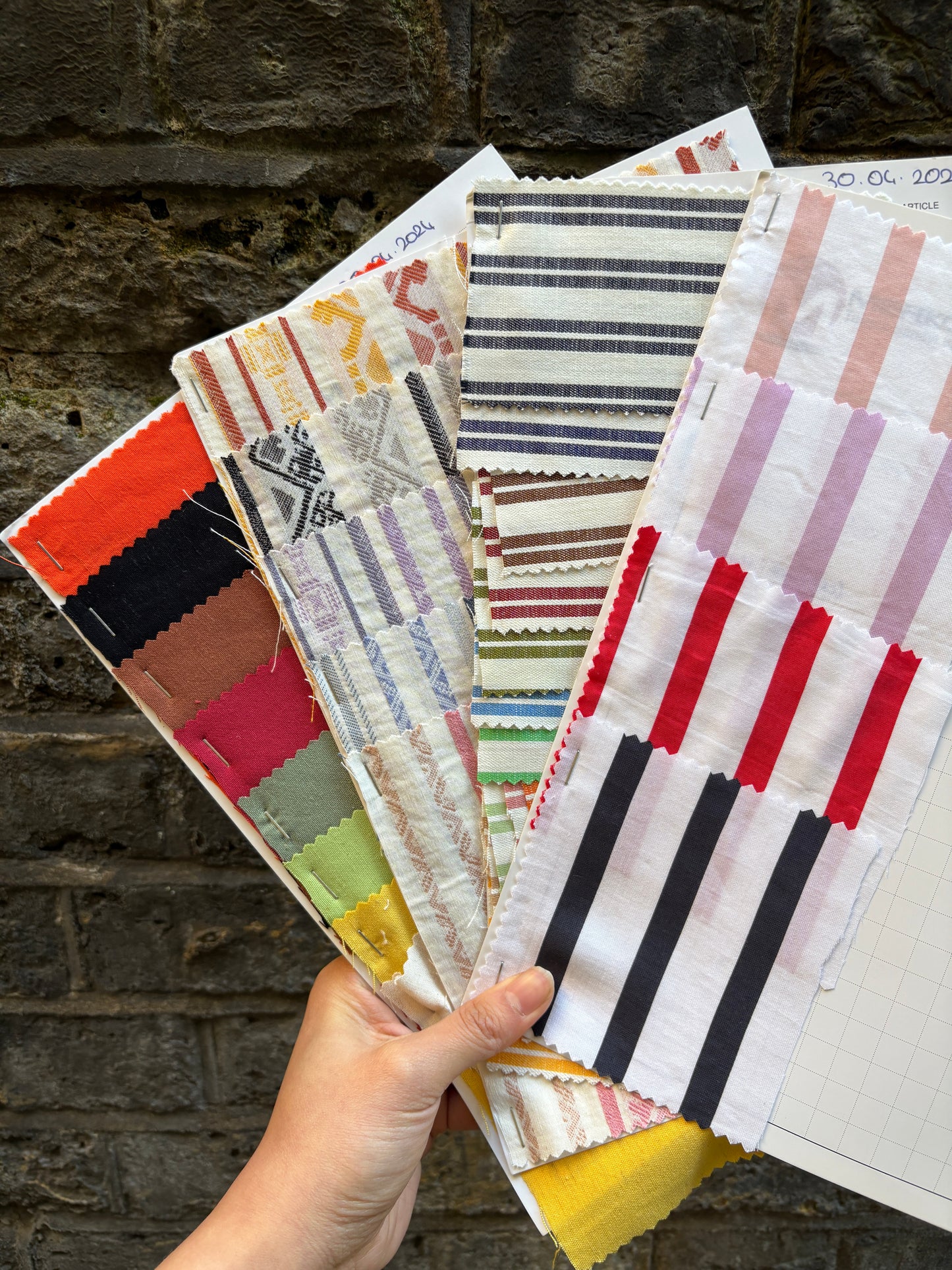 Fabric swatches with various patterns and colours