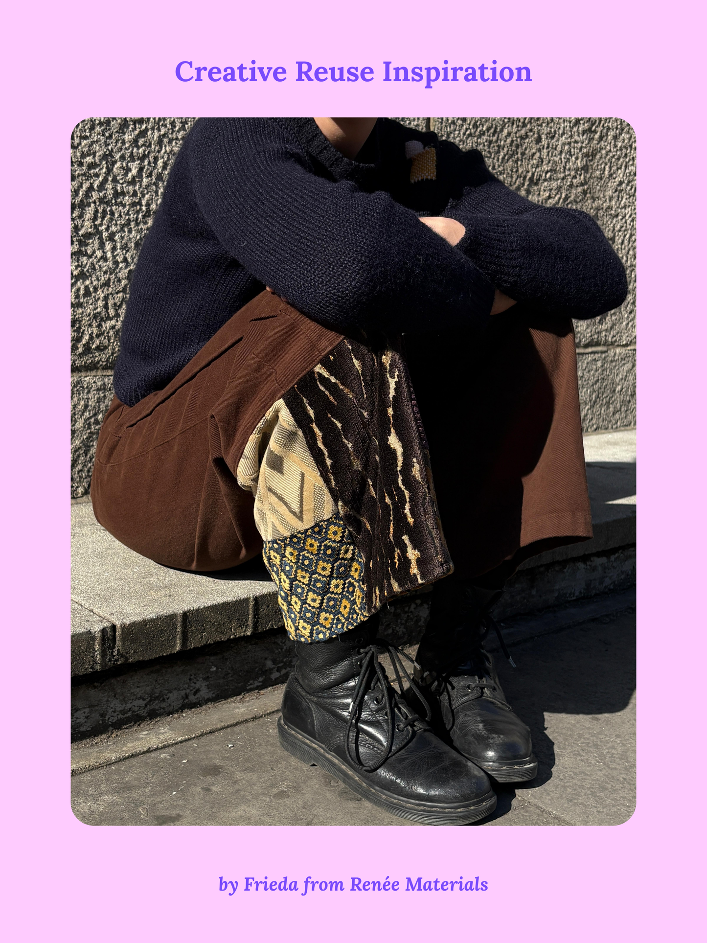 A picture of a person sitting on a bench with patterned pants made out of fabric swatches