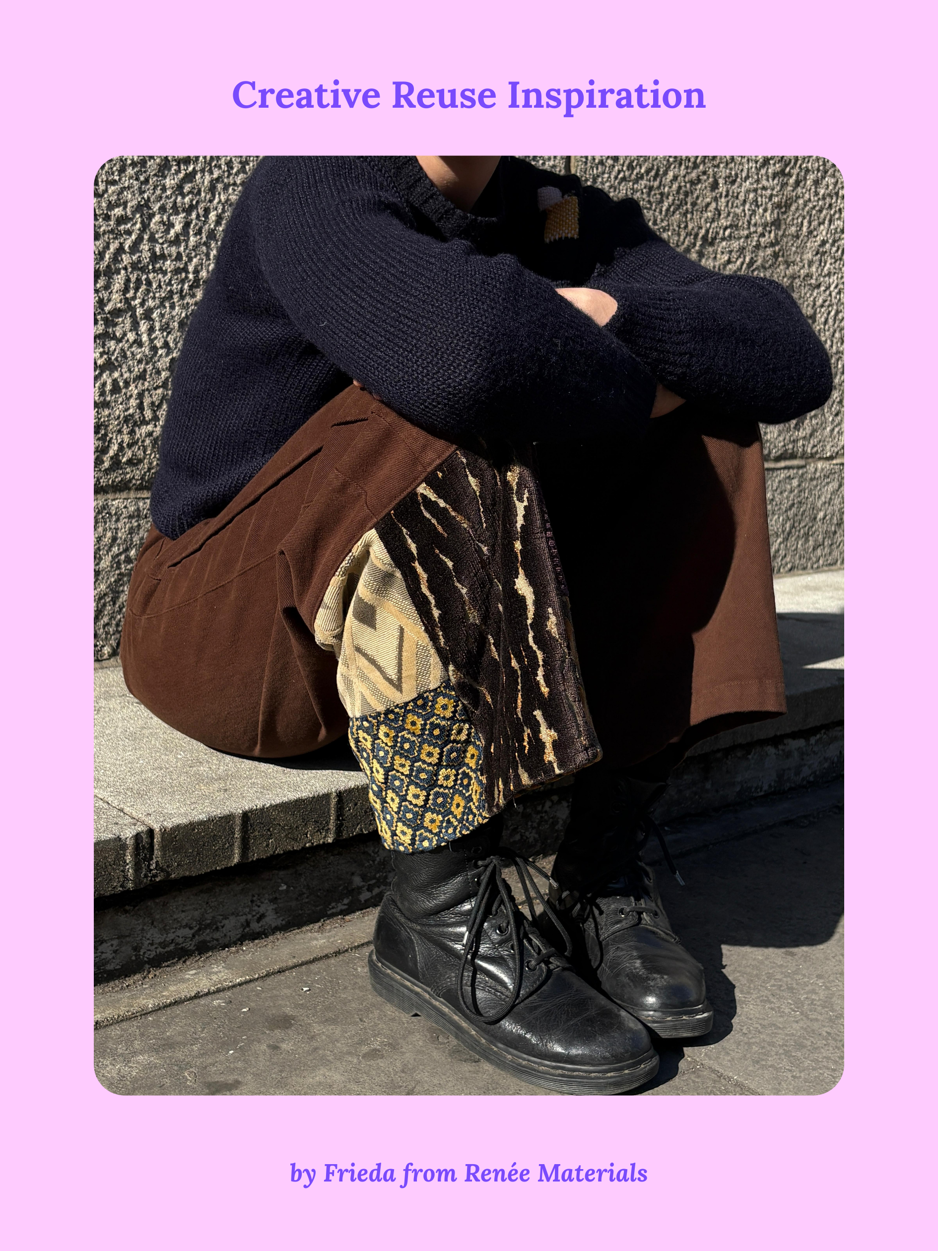 A picture of a person sitting on a bench with patterned pants made out of fabric swatches