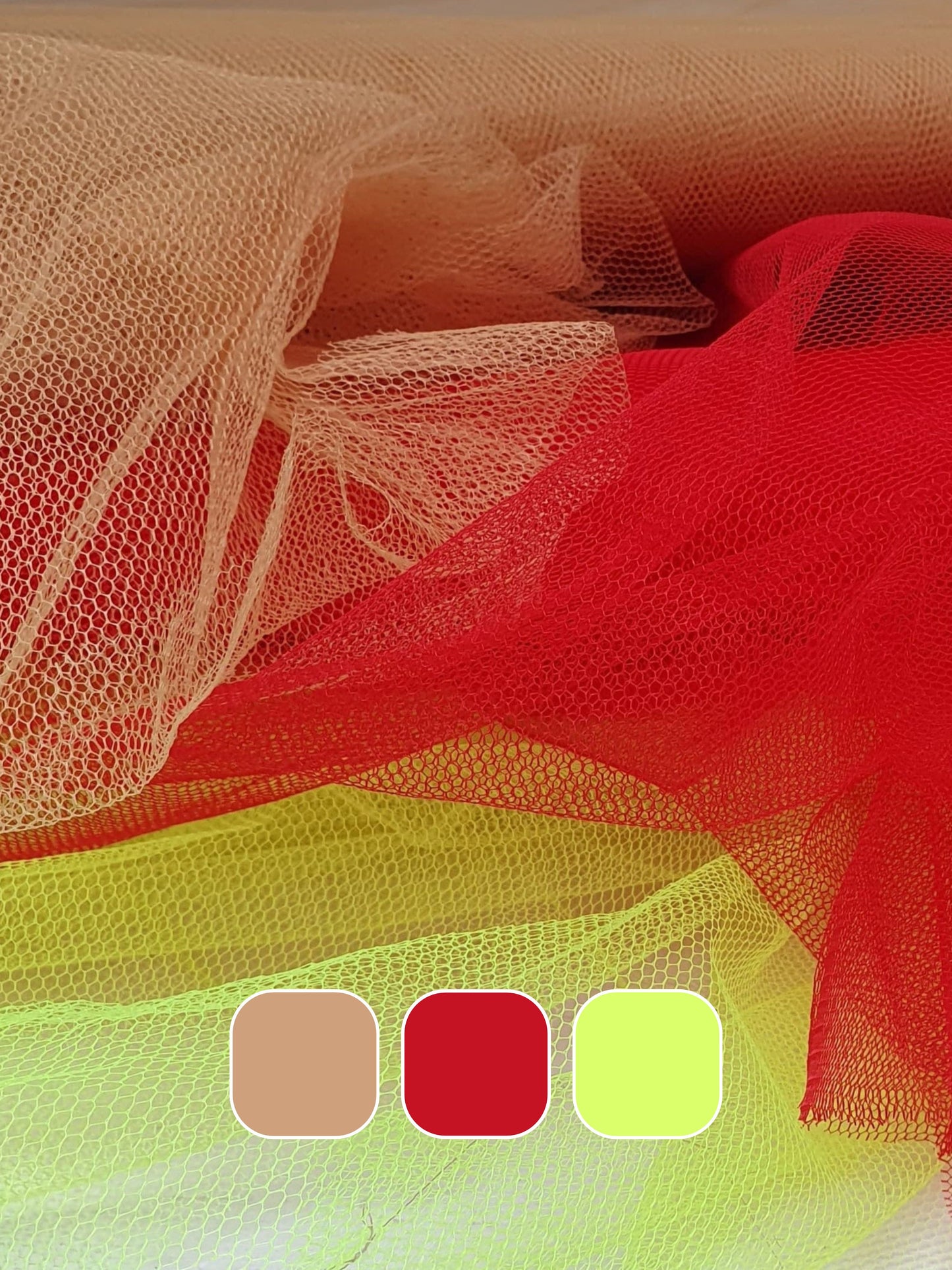 A close-up of voile tulle fabric in neon yellow, cinnamon, and red, showcasing its breathable net texture with colour swatches below