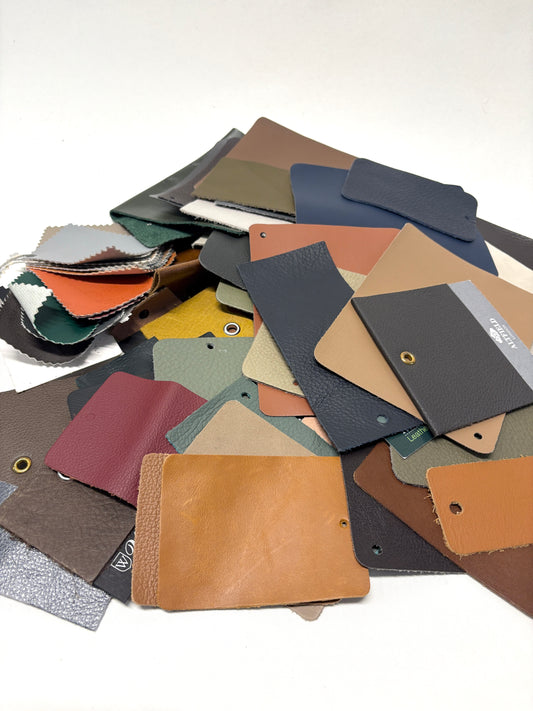 Collection of leather colour swatches with various sizes 