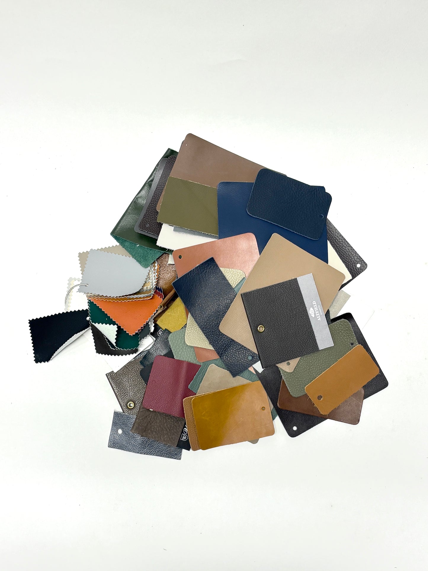 Collection of leather colour swatches with various sizes 