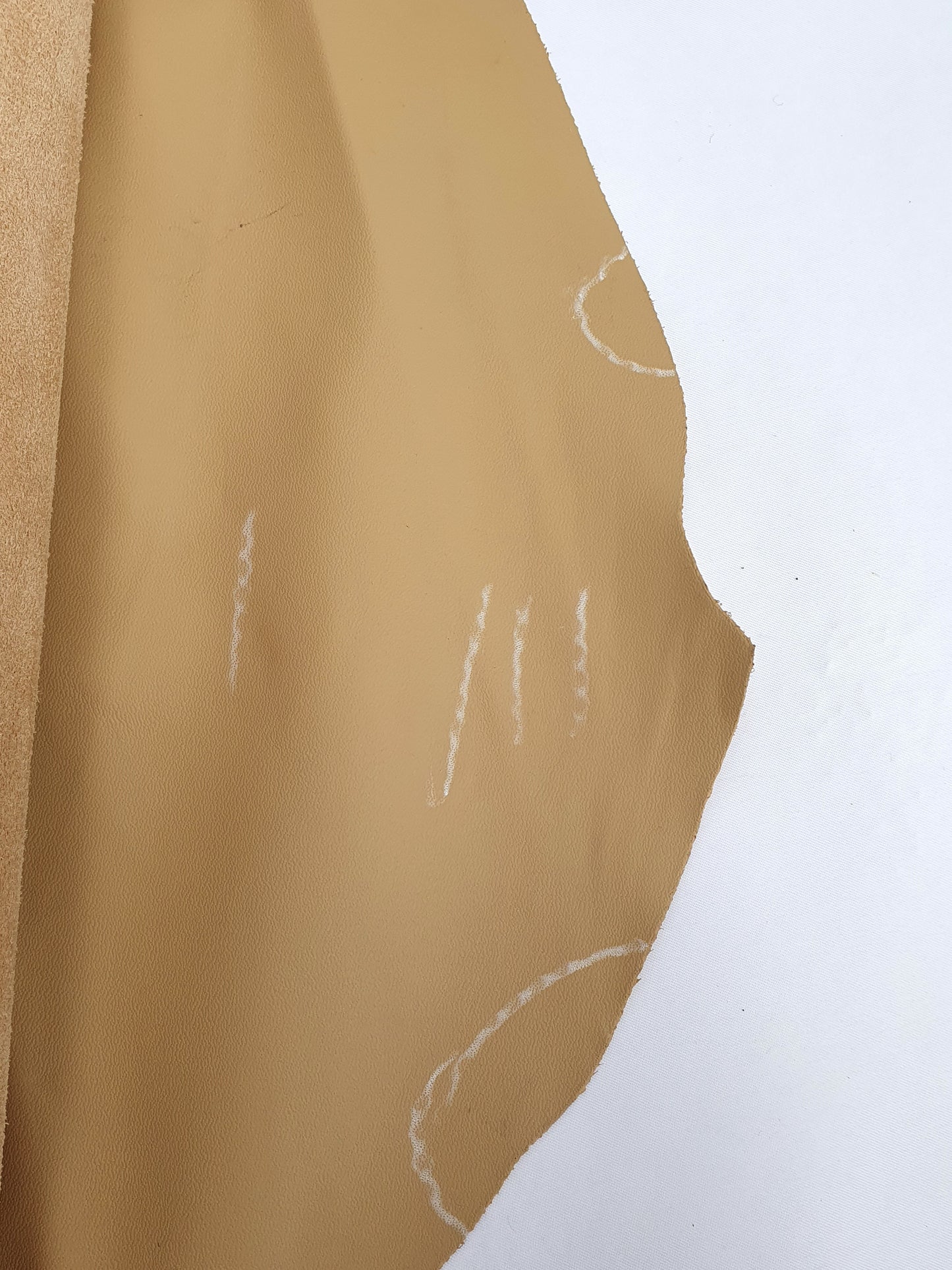 Unfolded cowhide camel rolled leather with visible marking lines 