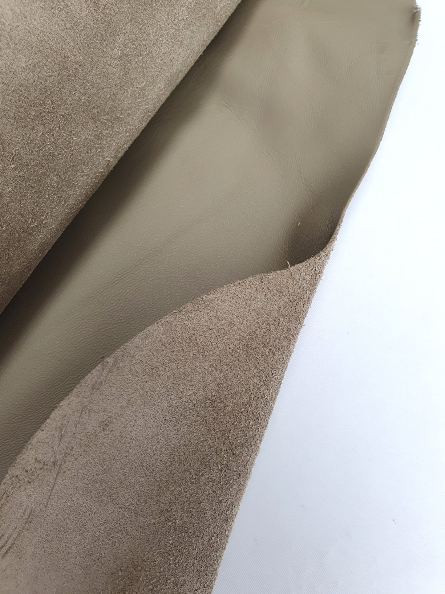 Close-up of mushroom coloured rolled leather, texture visible