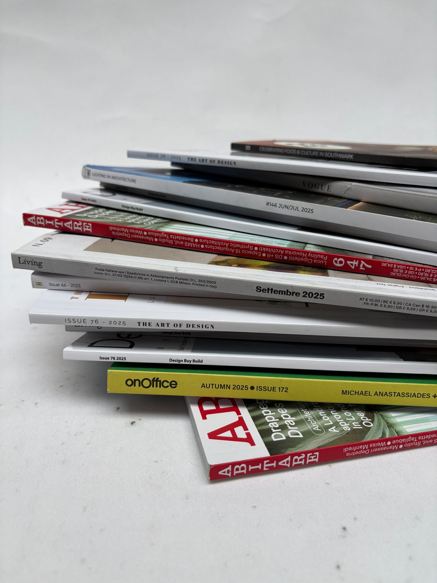 Close-up of a stack of magazines, various thicknesses