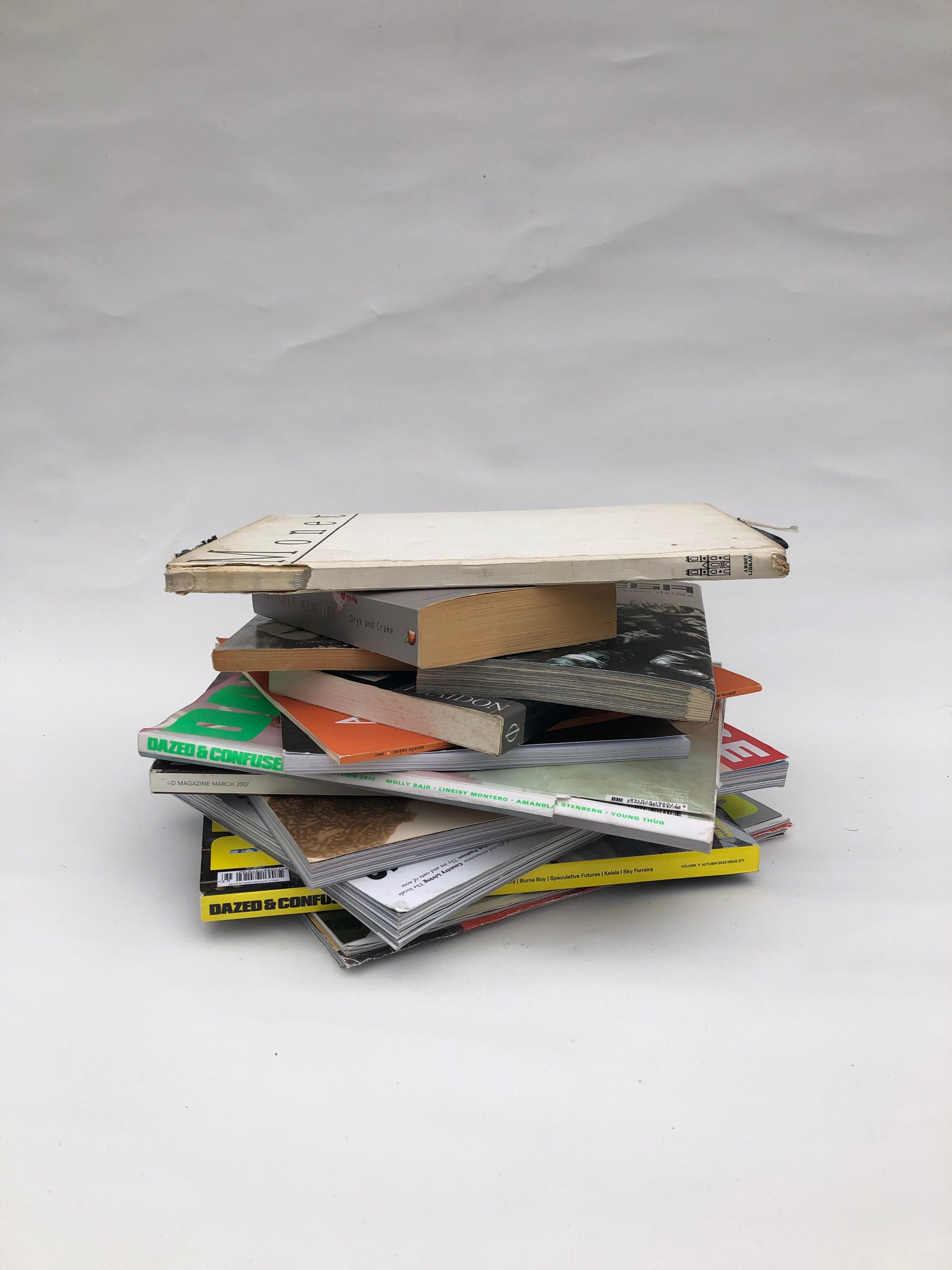 Piles of paper magazines and books, some torn and stained 