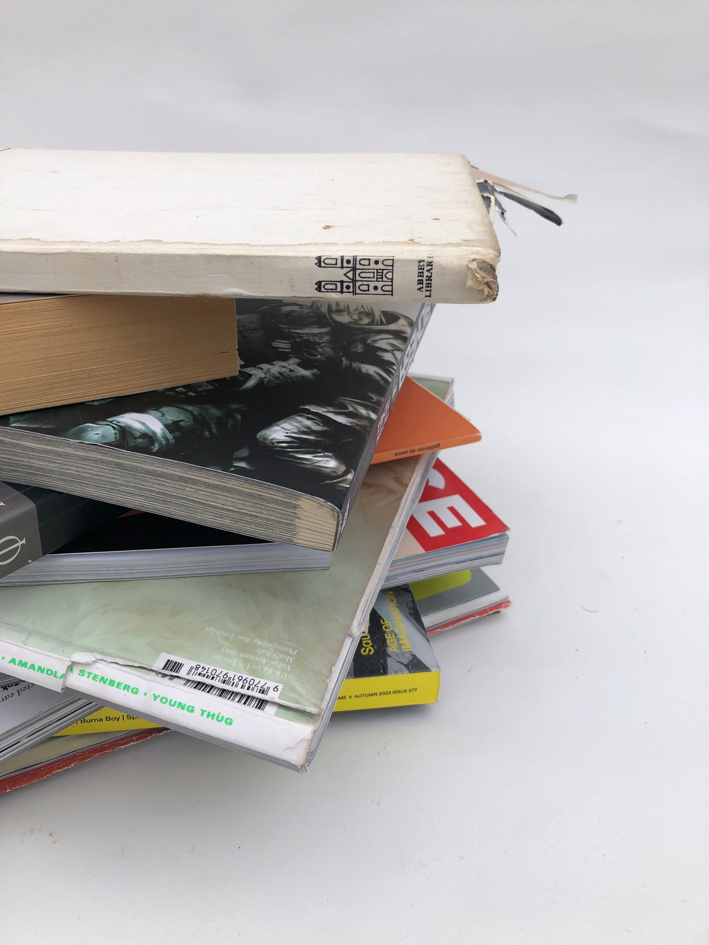 Close-up of piles of paper magazines and books, some torn and stained 