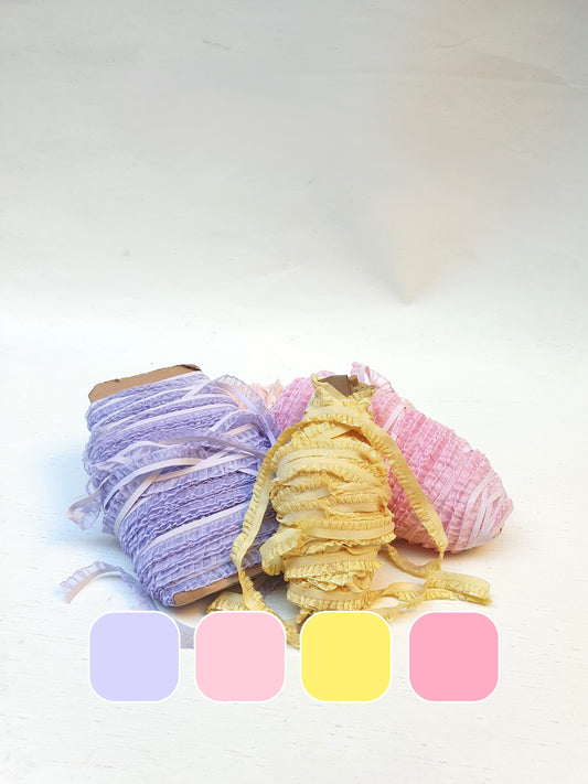Pastel-coloured piping trim laces with colour swatches below.