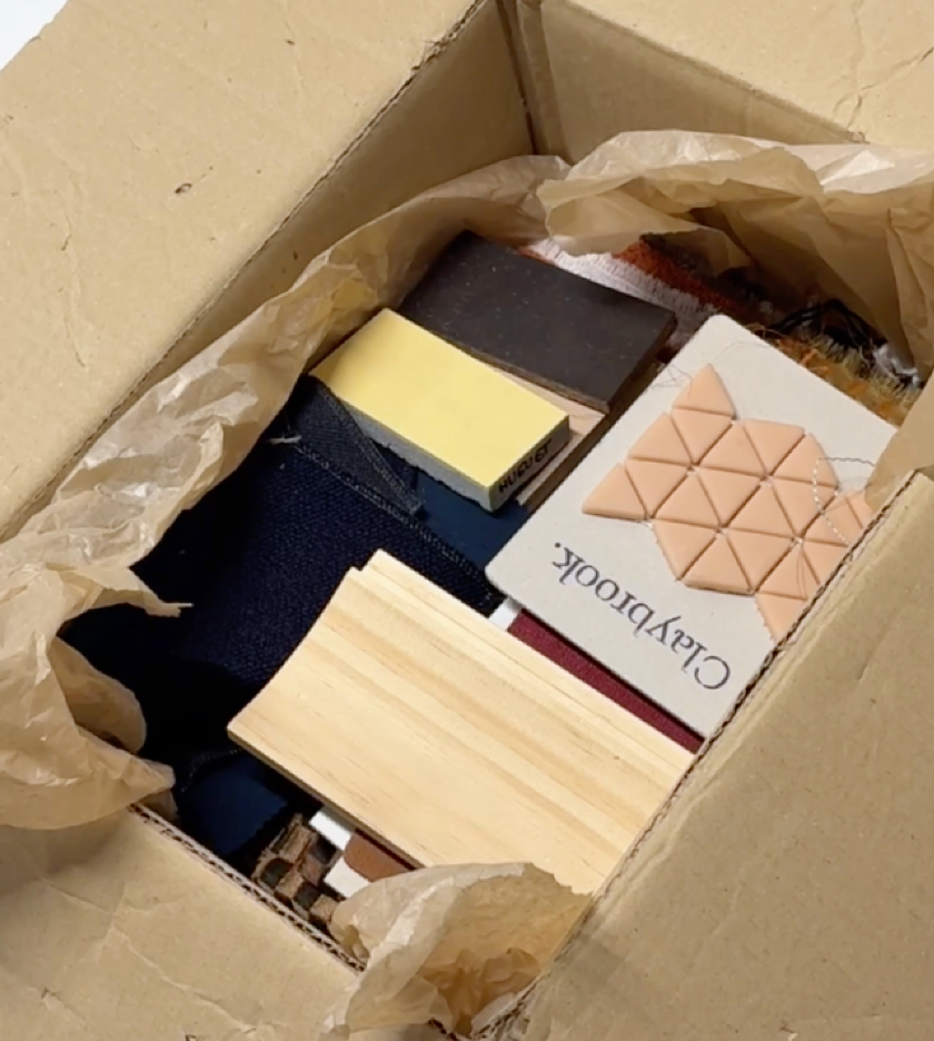 A video of boxing various types of fabrics, wood samples, stone tiles, and plastic pieces
