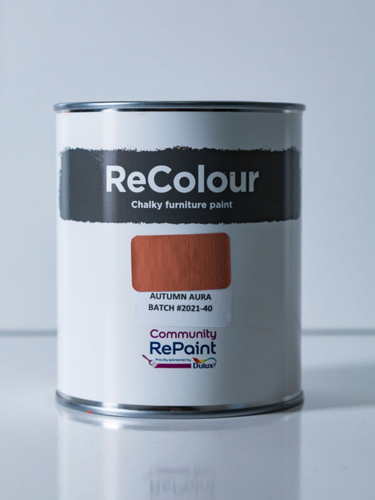 Paint can of ReColour chalky acrylic furniture paint named "Autumn Aura"