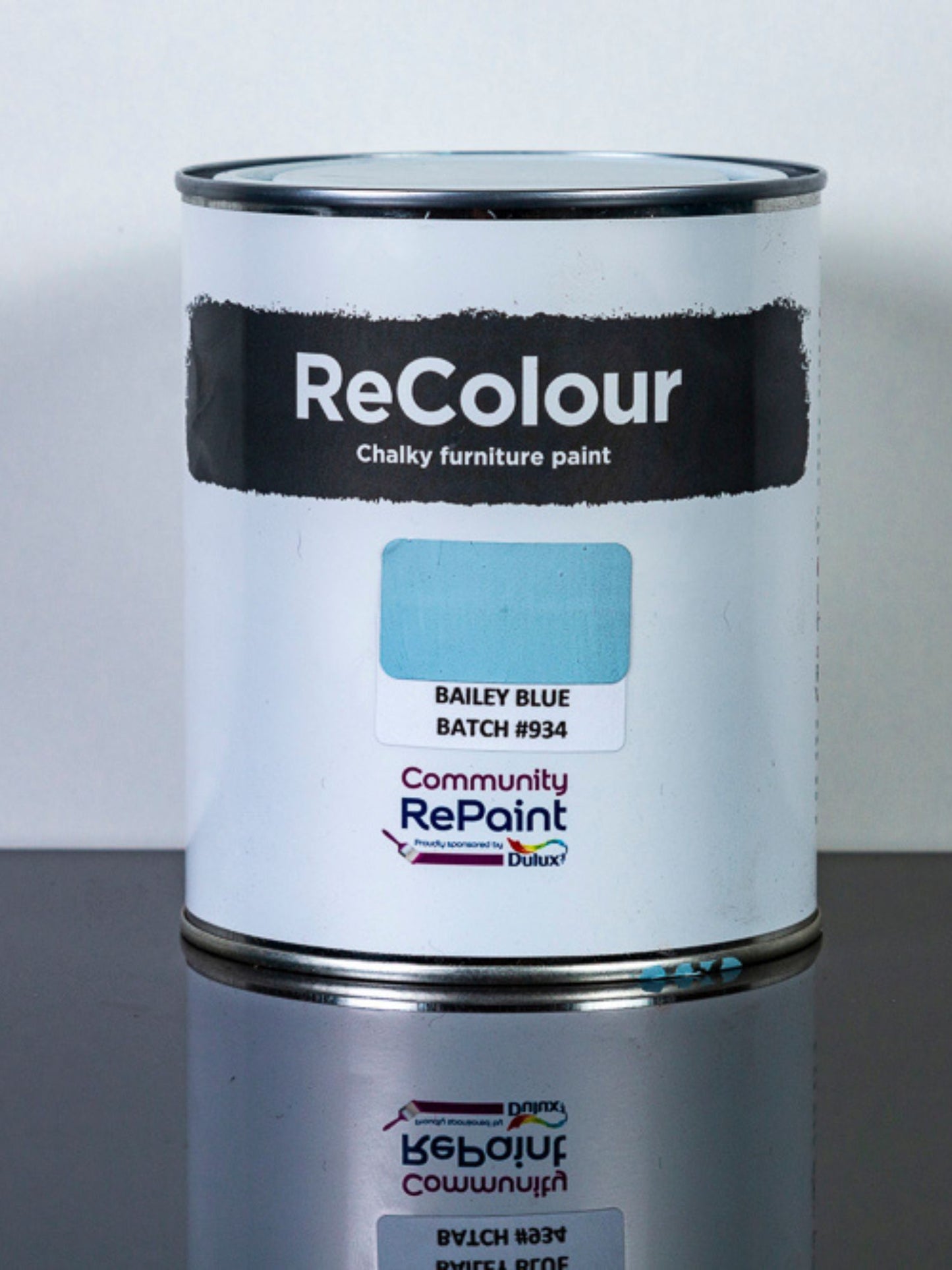 Paint can of ReColour chalky acrylic furniture paint named "Bailey Blue"