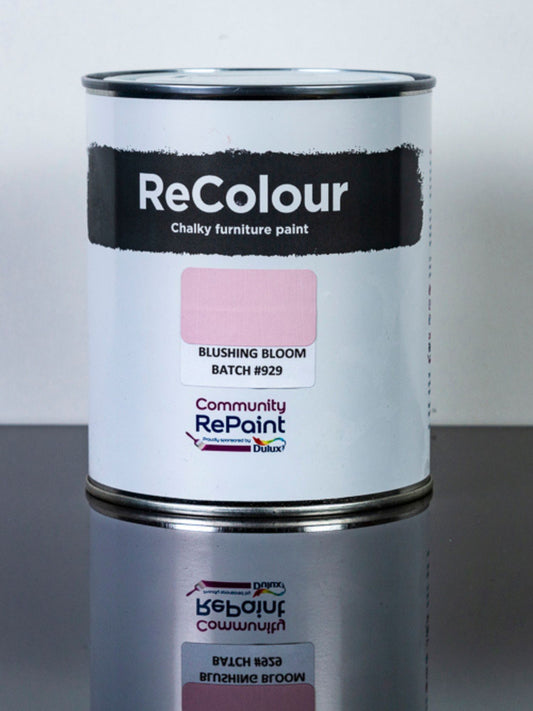 Paint can of ReColour chalky acrylic furniture paint named "Blushing Bloom"