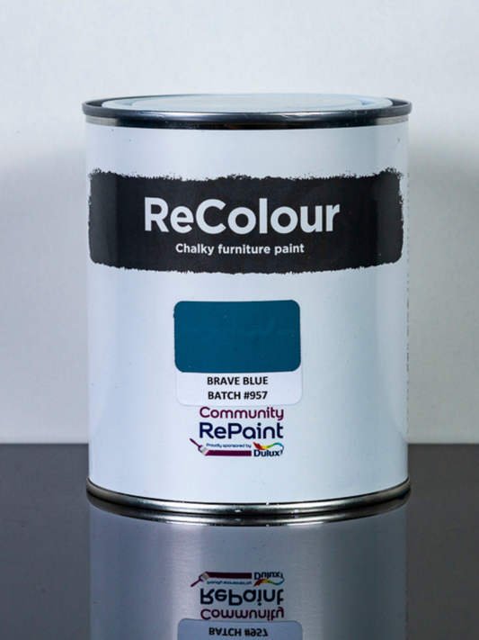 Paint can of ReColour chalky acrylic furniture paint named "Brave Blue"