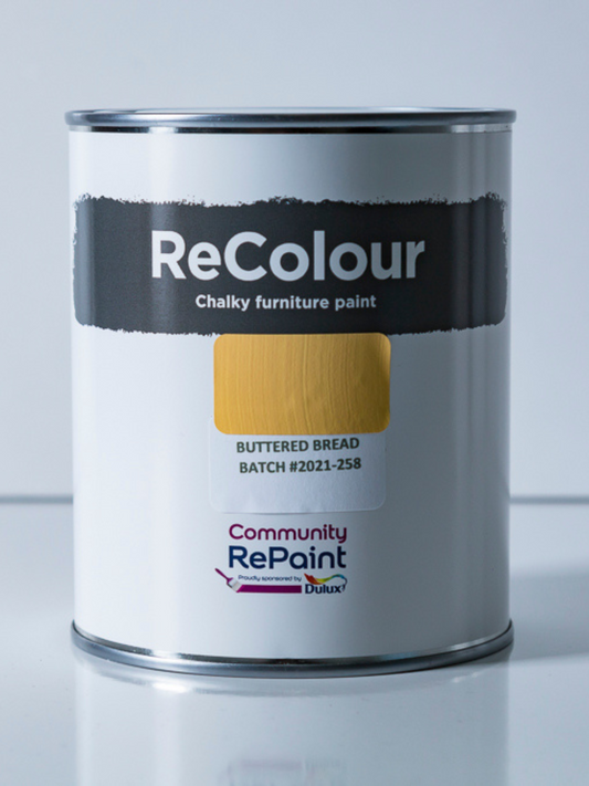 Paint can of ReColour chalky acrylic furniture paint named "Buttered Bread"