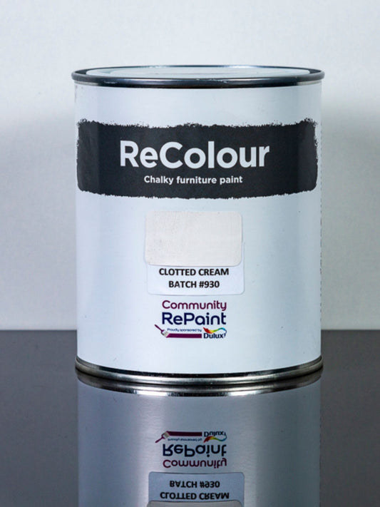 Paint can of ReColour chalky acrylic furniture paint named "Clotted Cream"