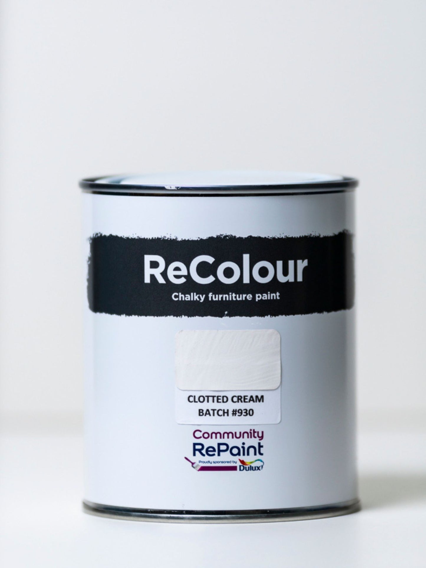 Paint can of ReColour chalky acrylic furniture paint named "clotted cream"