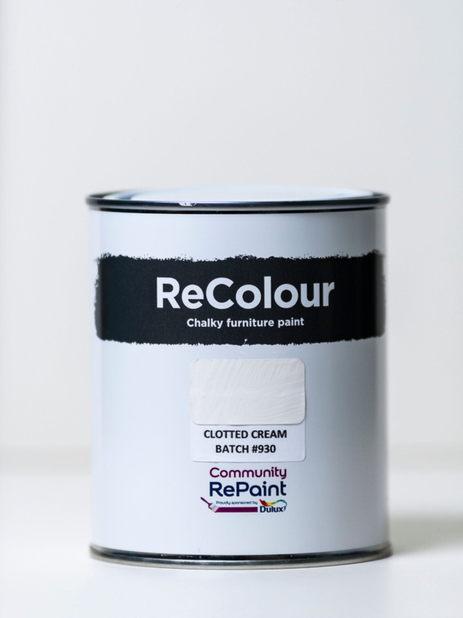 Paint can of ReColour chalky acrylic furniture paint named "clotted cream"