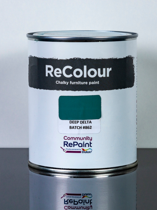 Paint can of ReColour chalky acrylic furniture paint named "Deep Delta"