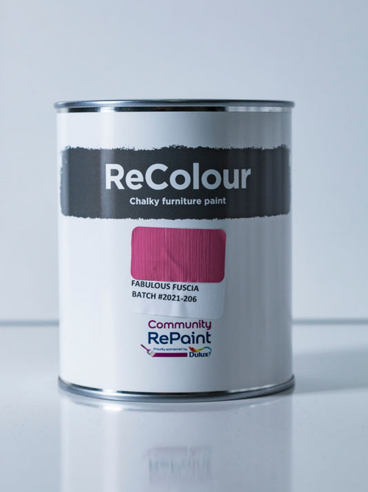 Paint can of ReColour chalky acrylic furniture paint named "Fabulous Fuscia"