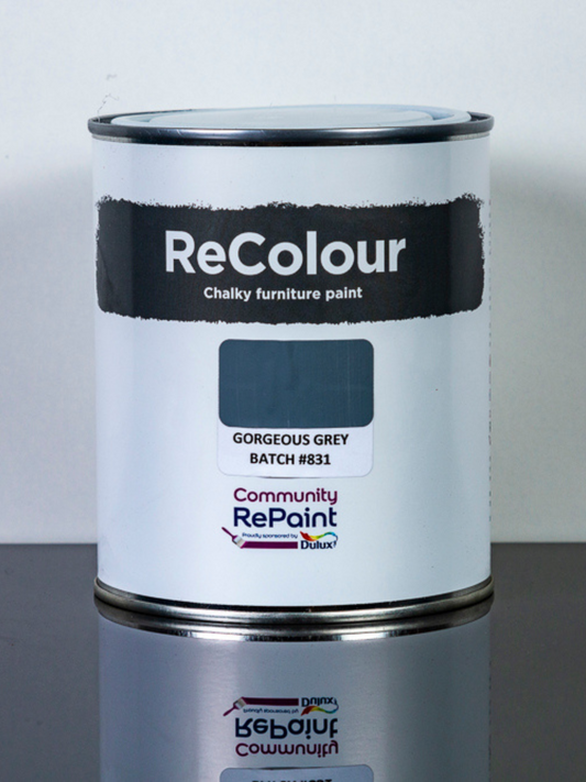 Paint can of ReColour chalky acrylic furniture paint named "Gorgeous Grey"