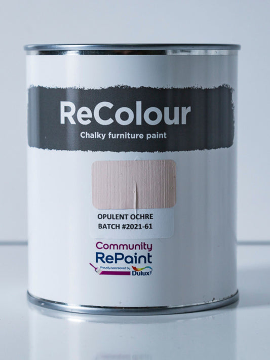 Paint can of ReColour chalky acrylic furniture paint named "Opulent Ochre"
