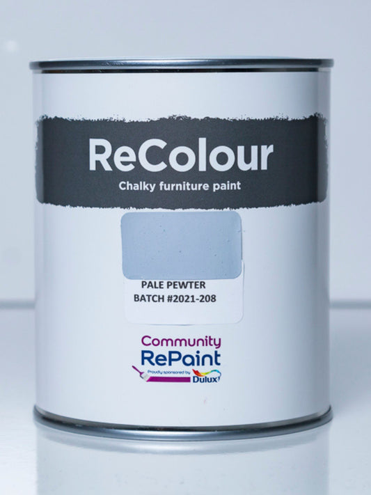 Paint can of ReColour chalky acrylic furniture paint named "Pale Pewter"