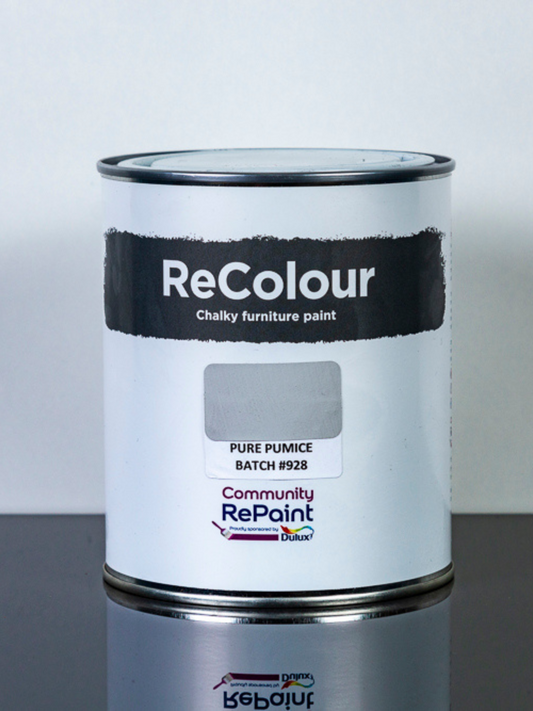 Paint can of ReColour chalky acrylic furniture paint named "Pure Pumice"