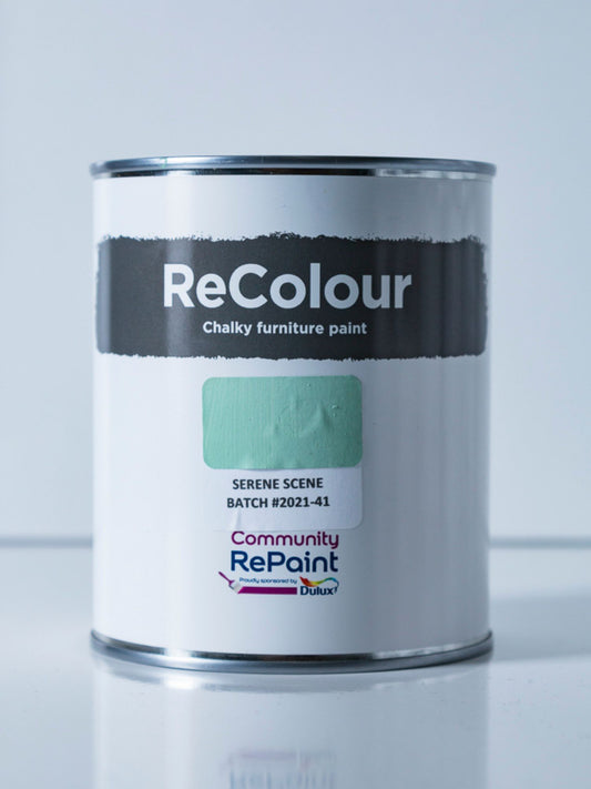 Paint can of ReColour chalky acrylic furniture paint named "Serene Scene"