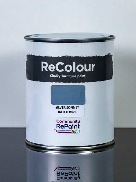 Paint can of ReColour chalky acrylic furniture paint named "Silver Sonnet"