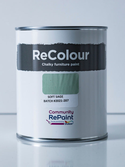 Paint can of ReColour chalky acrylic furniture paint named "Soft Sage"