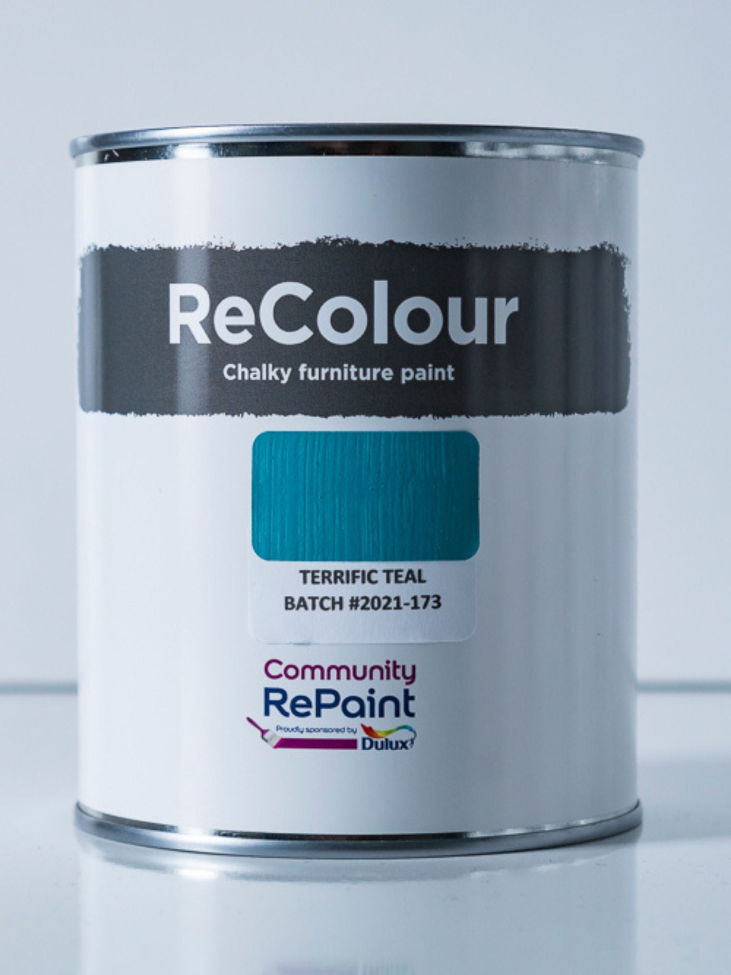 Paint can of ReColour chalky acrylic furniture paint named "Terrific Teal"