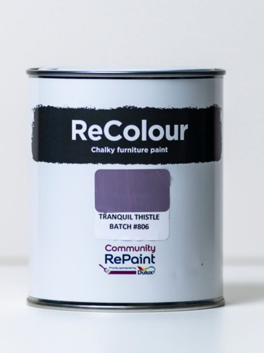 Paint can of ReColour chalky acrylic furniture paint named "Tranquil Thistle"