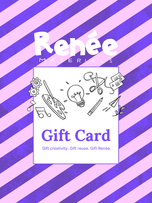 Gift card with 'Reèe Materials' branding on a striped purple and pink background