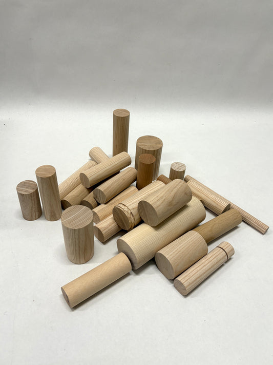 Assorted wooden dowels and cylinders arranged on a white background.