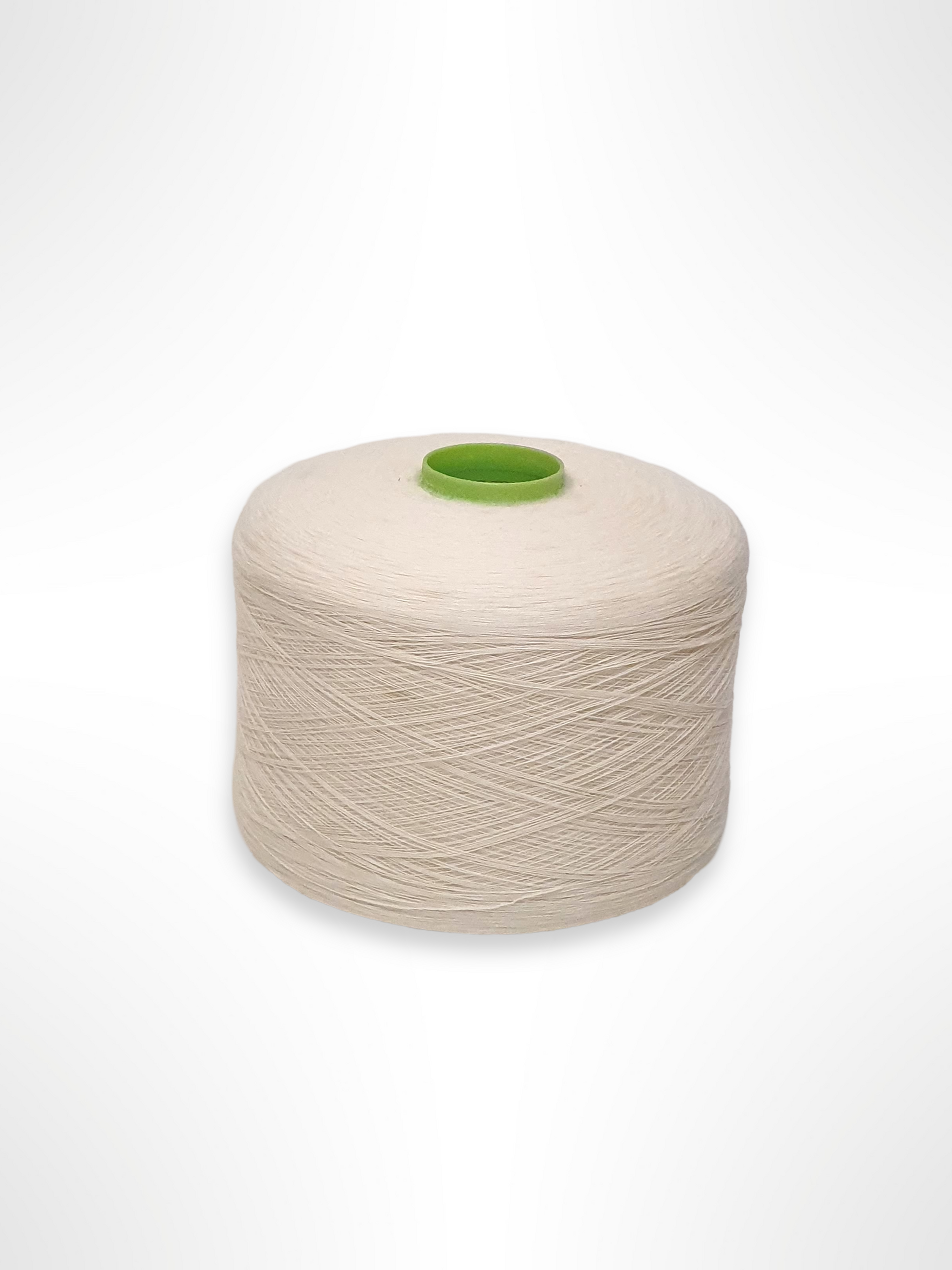 A single white yarn cone with a green cap, indicative of being used for knitting or crafting purposes. 